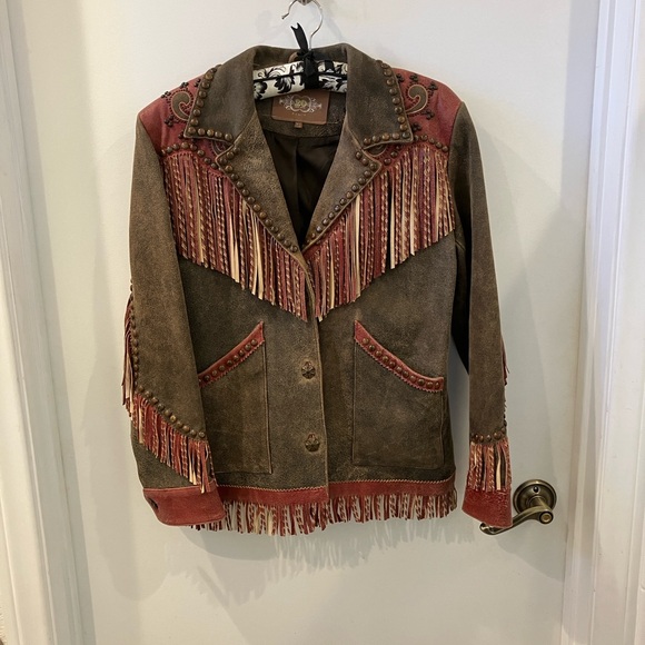 Double D Ranch Brown and Red Leather Jacket with Fringe - Picture 2 of 9